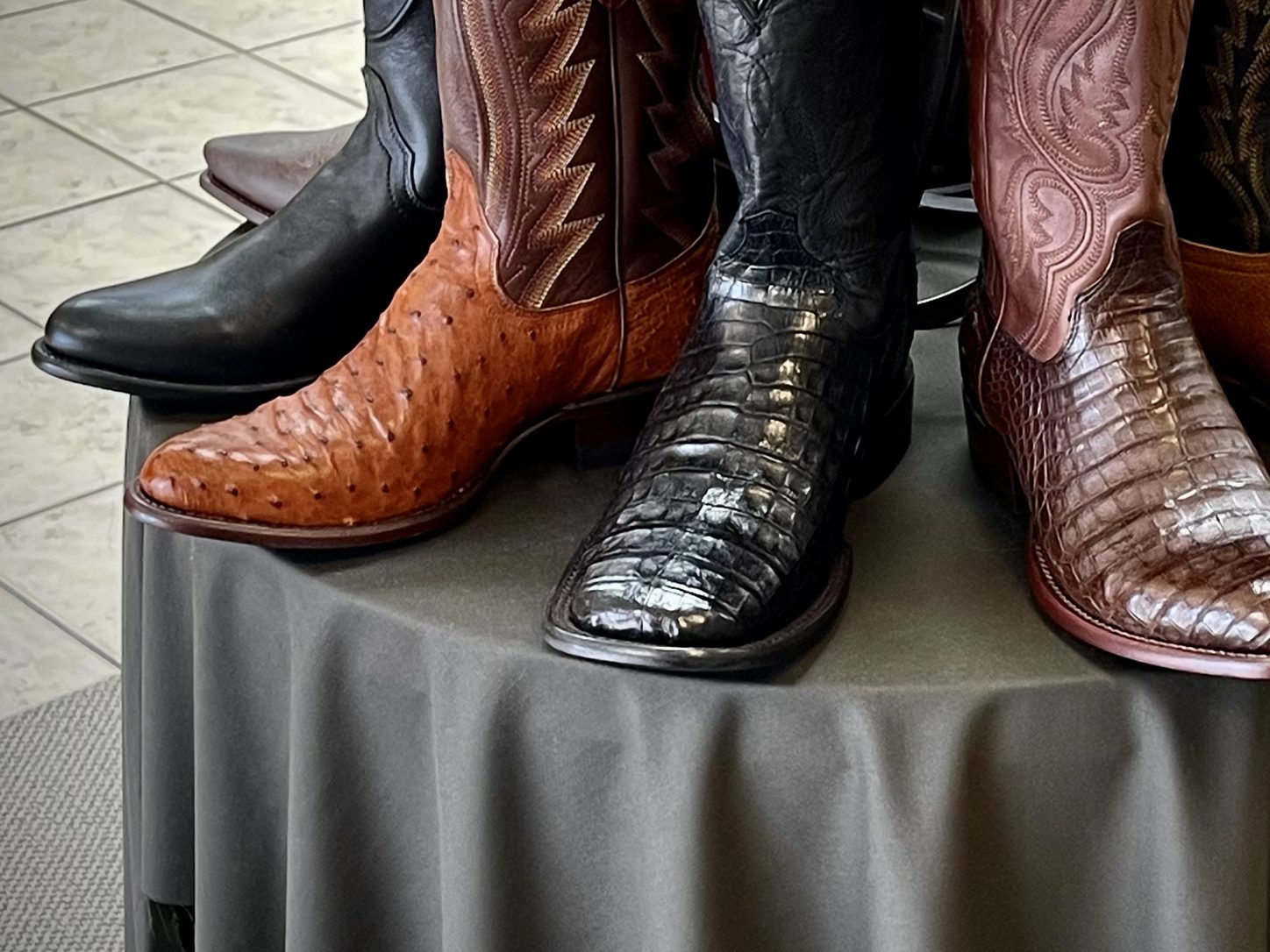 Ostrich and caiman Tecovas boots side by side, The Man's Shop, Arlington
